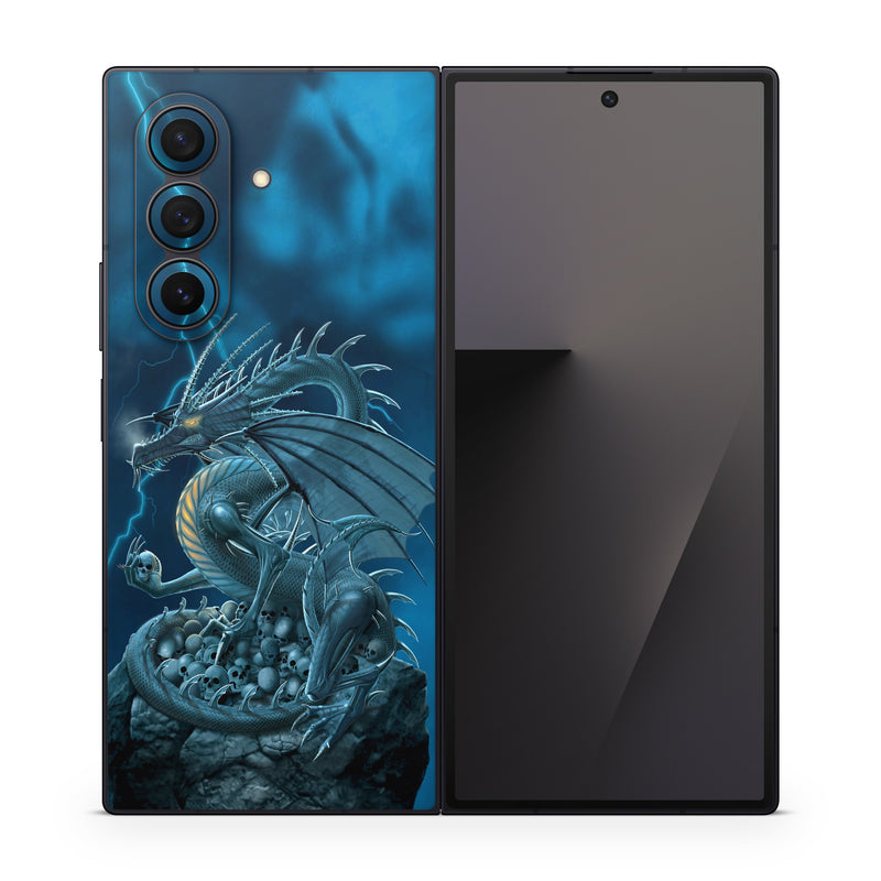 Samsung Galaxy Z Fold7 Skin design of Cg artwork, Dragon, Mythology, Fictional character, Illustration, Mythical creature, Art, Demon, with blue, yellow colors