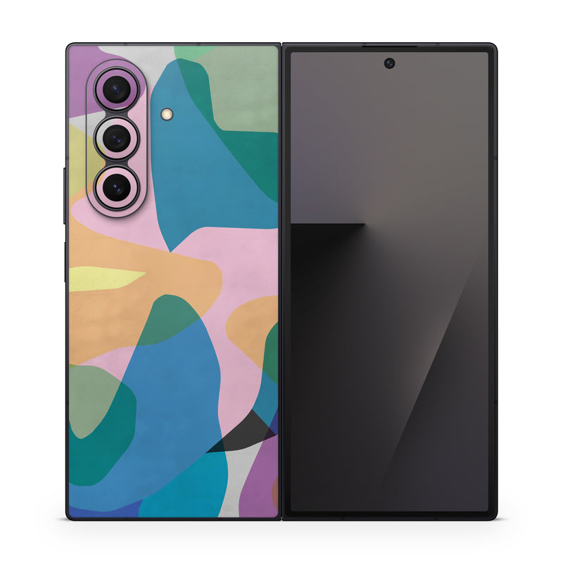 Samsung Galaxy Z Fold7 Skin design of Azure, Paint, Textile, Organism, Art, Painting, Aqua, Font, Rectangle, Tints and shades, with blue, green, pink, yellow, orange, purple, gray colors