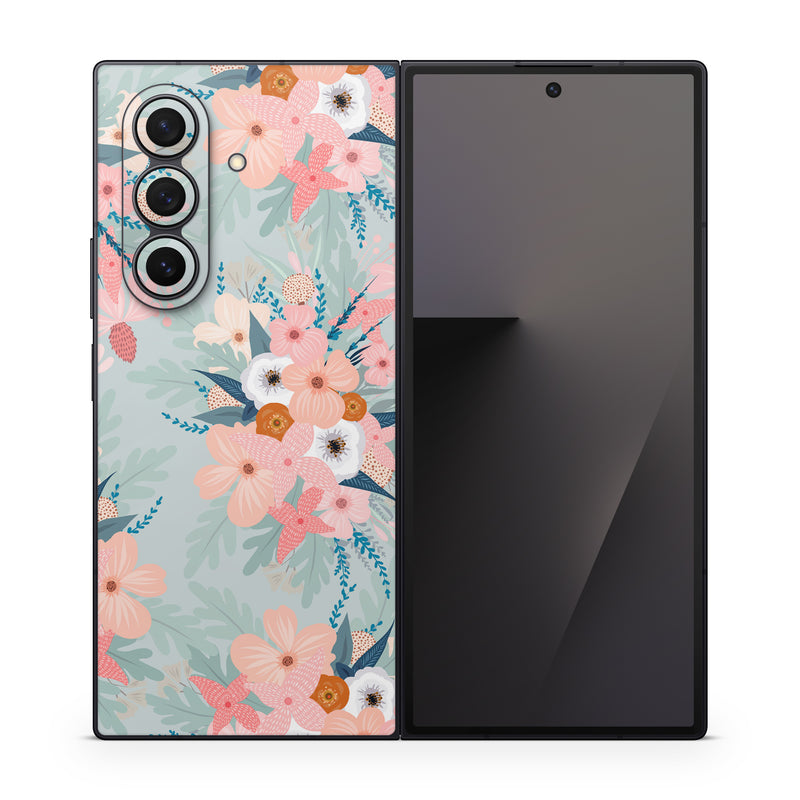 Samsung Galaxy Z Fold7 Skin design of Pattern, Aqua, Wrapping paper, Textile, Design, Floral design, Wildflower, Plant, Pedicel, Blossom, with pink, red, blue, white colors