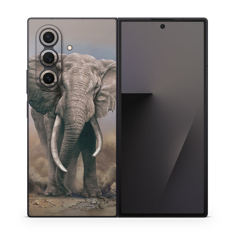 Samsung Galaxy Z Fold7 Skin design of Elephants and Mammoths, Terrestrial animal, Indian elephant, African elephant, Wildlife, Tusk, Snout, Organism, Working animal, Illustration, with brown, gray, white colors