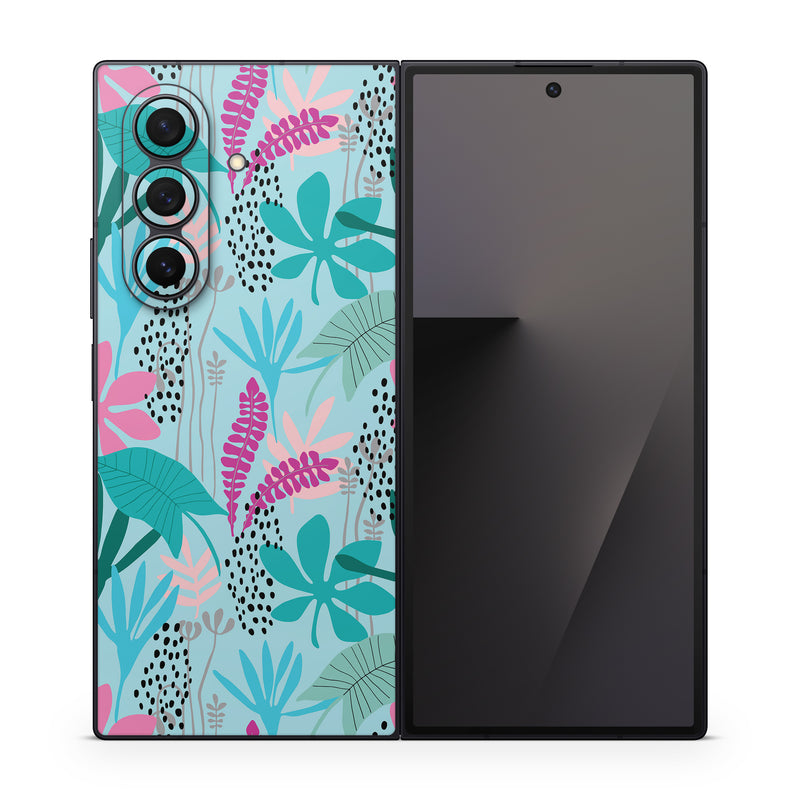 Samsung Galaxy Z Fold7 Skin design of White, Leaf, Botany, Green, Textile, Branch, Organism, Plant, Font, Pink, with blue, green, pink, purple, black, gray colors