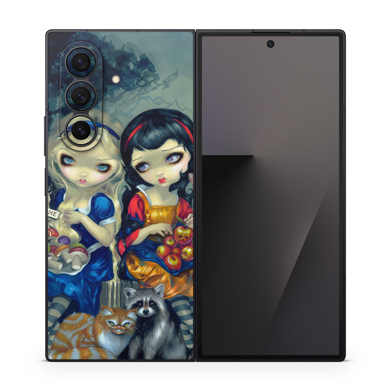 Samsung Galaxy Z Fold7 Skin design of Doll, Cartoon, Illustration, Cat, Art, Fawn, Toy, Fictional character, Whiskers, with blue, yellow, red, orange, gray colors