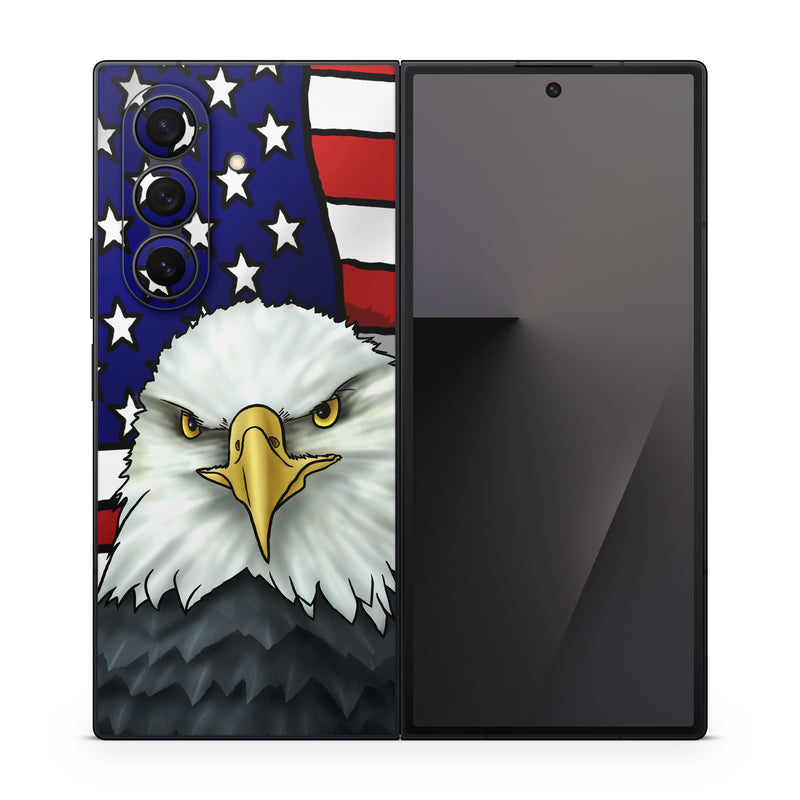 Samsung Galaxy Z Fold7 Skin design of Bald eagle, Eagle, Bird, Bird of prey, Accipitridae, Beak, Accipitriformes, Sea eagle, Flag, with white, gray, blue, yellow, red colors