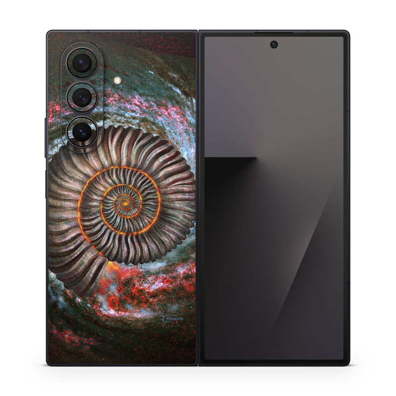 Samsung Galaxy Z Fold7 Skin design of Spiral, Fractal art, Vortex, Circle, Art, Ammonoidea, with black, brown, red, white, blue, green colors