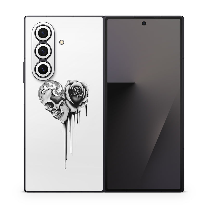 Samsung Galaxy Z Fold7 Skin design of Black-and-white, Illustration, Monochrome, Rose, Plant, Style, Metal, Drawing, with white, black, gray colors