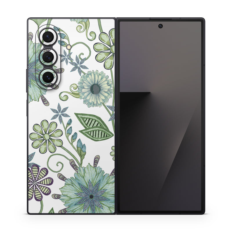 Samsung Galaxy Z Fold7 Skin design of Green, Pattern, Flower, Botany, Plant, Leaf, Design, Wildflower, with white, green, blue colors