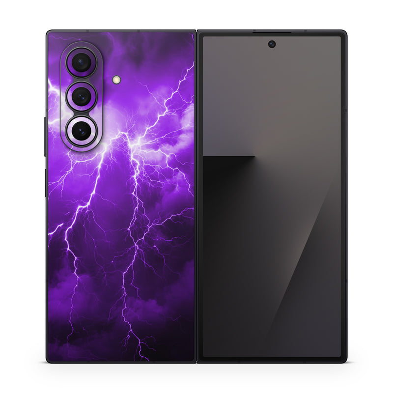Samsung Galaxy Z Fold7 Skin design of Sky, Lightning, Thunder, Atmosphere, Thunderstorm, Daytime, Purple, Light, Cloud, Nature, with black, purple colors