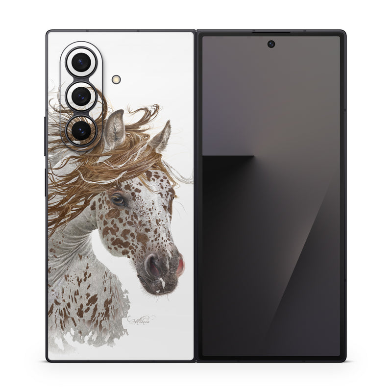 Samsung Galaxy Z Fold7 Skin design of Horse, Mane, Mustang horse, Illustration, Snout, Animal figure, Drawing, Stallion, Liver, Mare, with white, brown colors