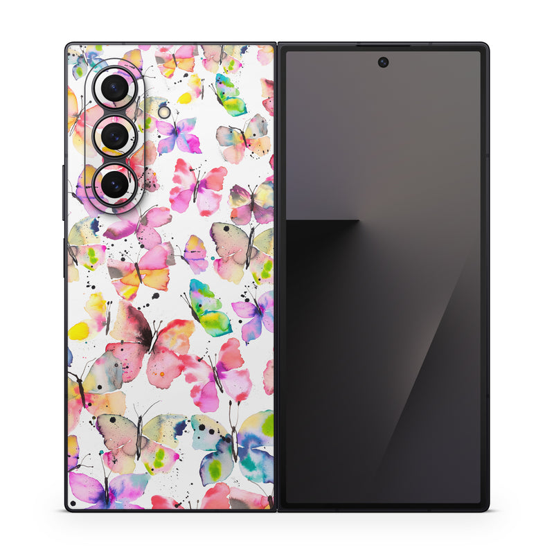 Samsung Galaxy Z Fold7 Skin design of Pollinator, Butterfly, Pink, Insect, Lepidoptera, Arthropod, Paint, Watercolor painting, with white, pink, red, blue, green, purple, yellow, orange colors