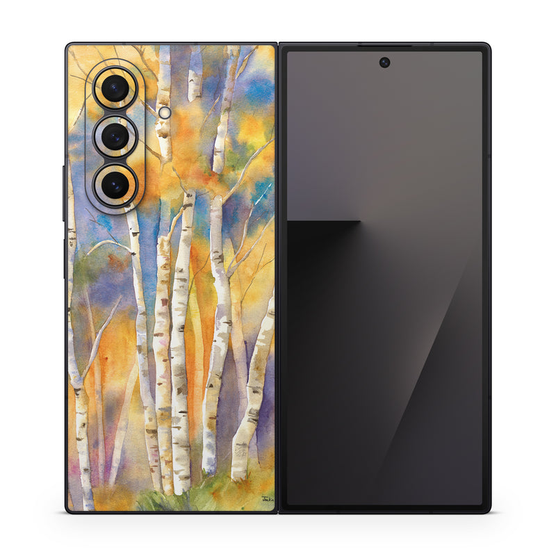 Samsung Galaxy Z Fold7 Skin design of Canoe birch, Watercolor paint, Tree, Birch, Woody plant, Painting, Plant, Birch family, Paint, Trunk, with orange, yellow, green, white, purple, blue colors