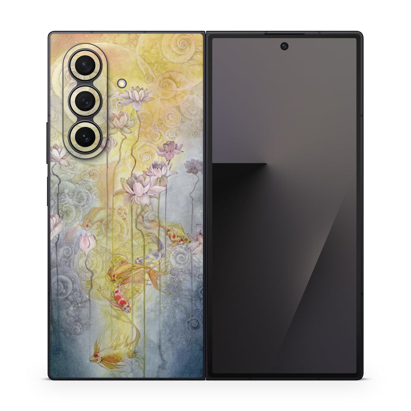 Samsung Galaxy Z Fold7 Skin design of Watercolor paint, Painting, Art, Yellow, Flower, Acrylic paint, Floral design, Visual arts, Modern art, Illustration, with blue, red, orange, pink, yellow colors