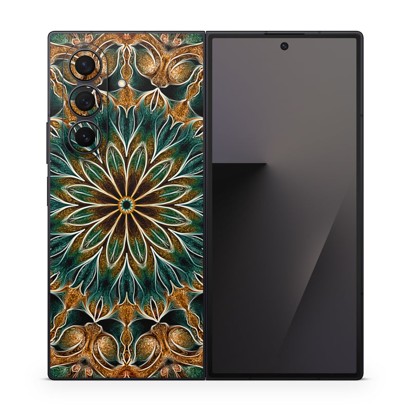 Samsung Galaxy Z Fold7 Skin design of Pattern, Symmetry, Textile, Art, Psychedelic art, Tapestry, Design, Visual arts, Kaleidoscope, Motif, with green, orange, yellow, brown, red colors