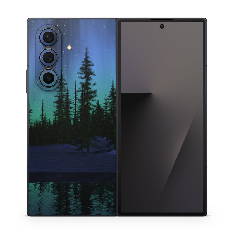 Samsung Galaxy Z Fold7 Skin design of Aurora, Nature, Sky, shortleaf black spruce, Natural landscape, Tree, Wilderness, Natural environment, Biome, Spruce-fir forest, with blue, purple, green, black colors