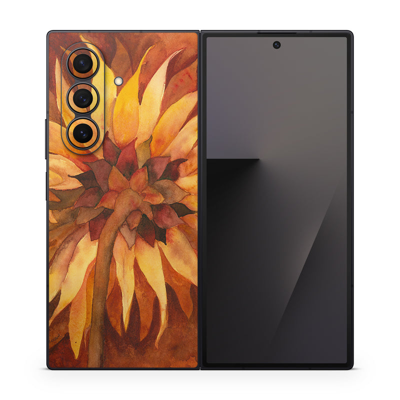 Samsung Galaxy Z Fold7 Skin design of Sunflower, Flower, sunflower, Yellow, Painting, Plant, Petal, Still life photography, Flowering plant, Still life, with yellow, brown, orange colors