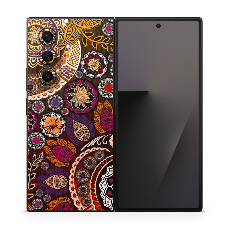 Samsung Galaxy Z Fold7 Skin design of Pattern, Motif, Visual arts, Design, Art, Floral design, Textile, Paisley, Tapestry, Circle, with brown, purple, red, white, black colors