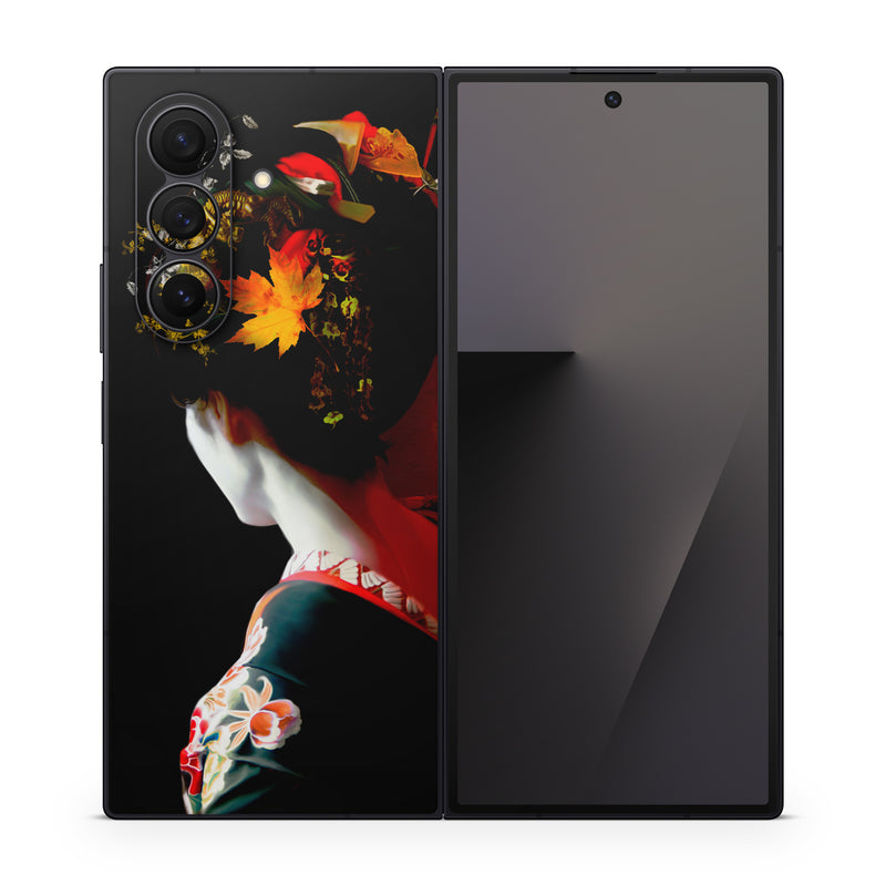Samsung Galaxy Z Fold7 Skin design of Geisha, Red, Flower, Plant, Headgear, Photography, Peking opera, Costume, Headpiece, Art, with black, red, orange, yellow, white colors