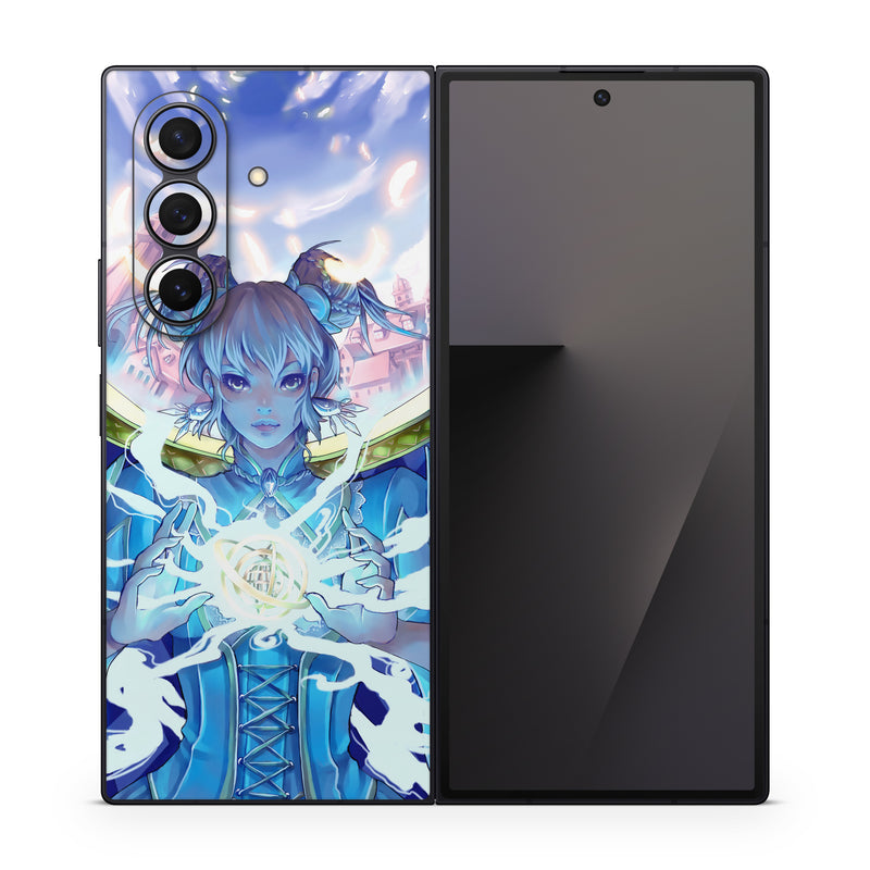 Samsung Galaxy Z Fold7 Skin design of Cg artwork, Anime, Cartoon, Sky, Long hair, Illustration, Fictional character, Black hair, Art, with blue, purple, pink, white, yellow colors