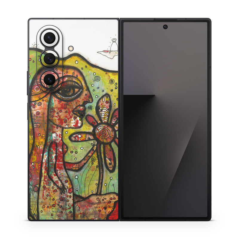 Samsung Galaxy Z Fold7 Skin design of Modern art, Art, Painting, Acrylic paint, Psychedelic art, Visual arts, Watercolor paint, Illustration, Paint, Style, with green, black, red, white, orange, yellow colors