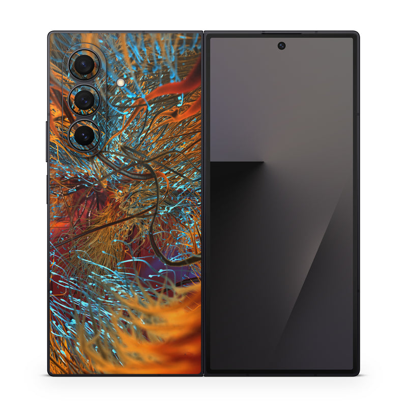 Samsung Galaxy Z Fold7 Skin design of Orange, Tree, Electric blue, Organism, Fractal art, Plant, Art, Graphics, Space, Psychedelic art, with orange, blue, red, yellow, purple colors