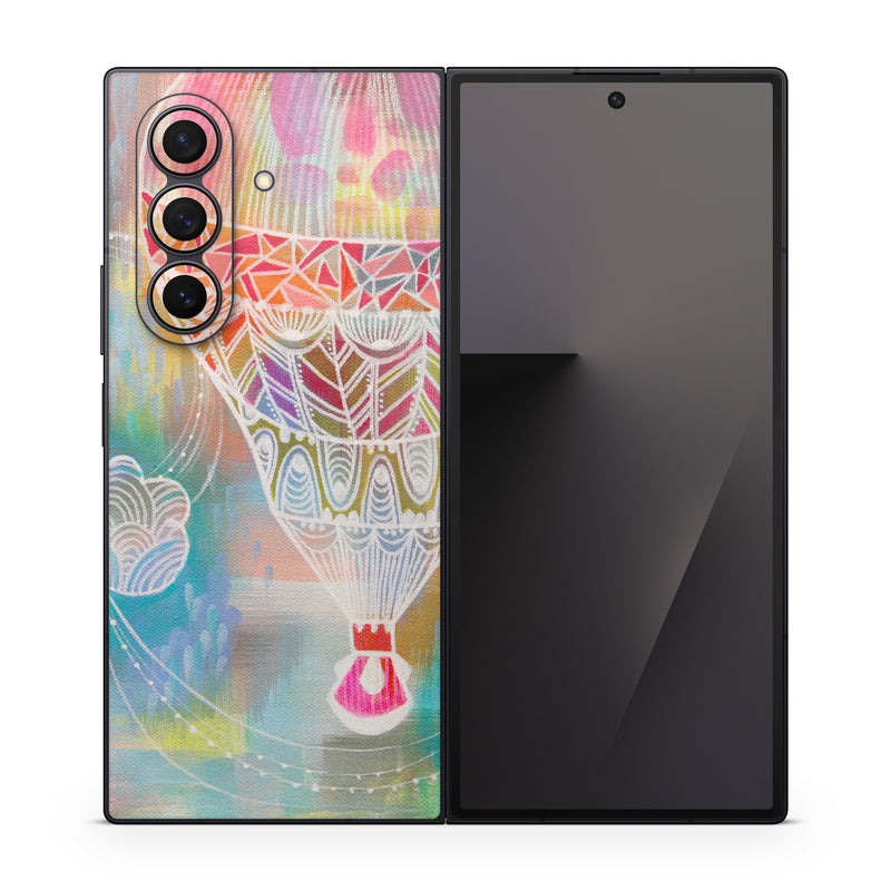 Samsung Galaxy Z Fold7 Skin design of Hot air balloon, Balloon, Illustration, Pattern, Vehicle, Aerostat, Hot air ballooning, Graphic design, Art, with blue, red, yellow, pink, white colors