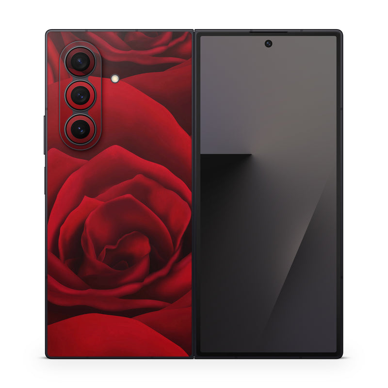 Samsung Galaxy Z Fold7 Skin design of Red, Garden roses, Rose, Petal, Flower, Nature, Floribunda, Rose family, Close-up, Plant, with black, red colors