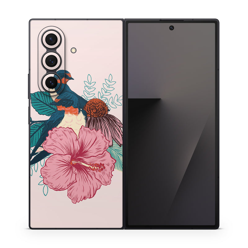 Samsung Galaxy Z Fold7 Skin design of Bird, Hawaiian hibiscus, Hibiscus, Illustration, Chinese hibiscus, Botany, Flower, Plant, Malvales, Mallow family, with blue, pink, green, yellow, red colors