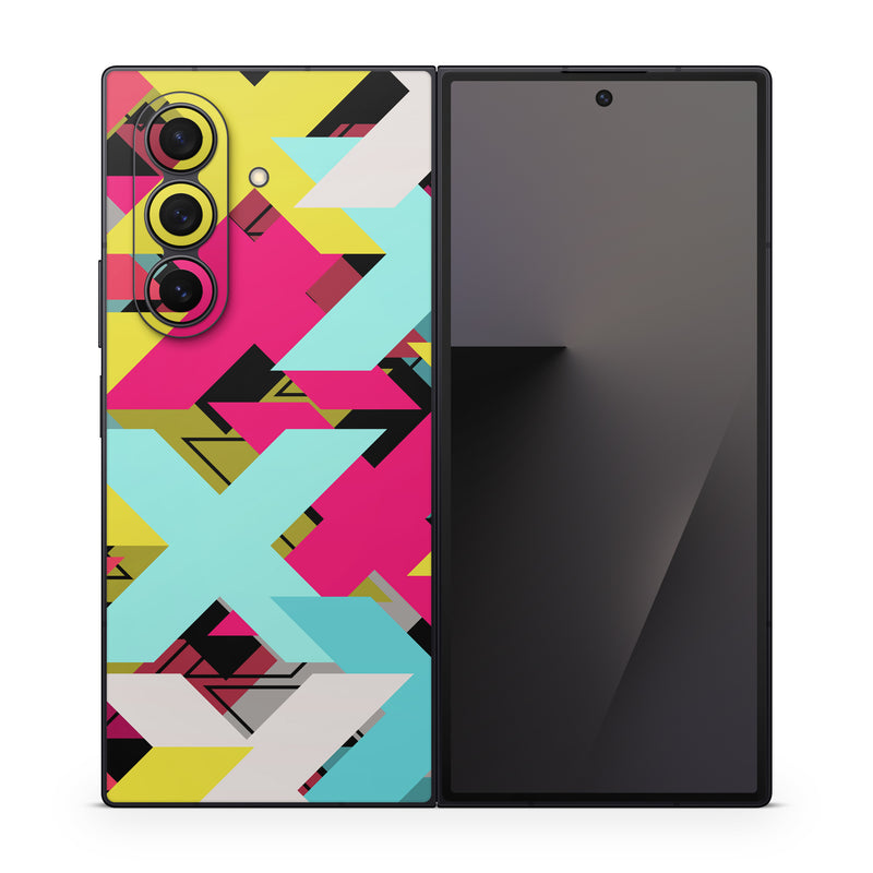 Samsung Galaxy Z Fold7 Skin design of Pattern, Graphic design, Line, Design, Triangle, Font, Illustration, Magenta, Visual arts, with yellow, blue, white, black, red, pink colors