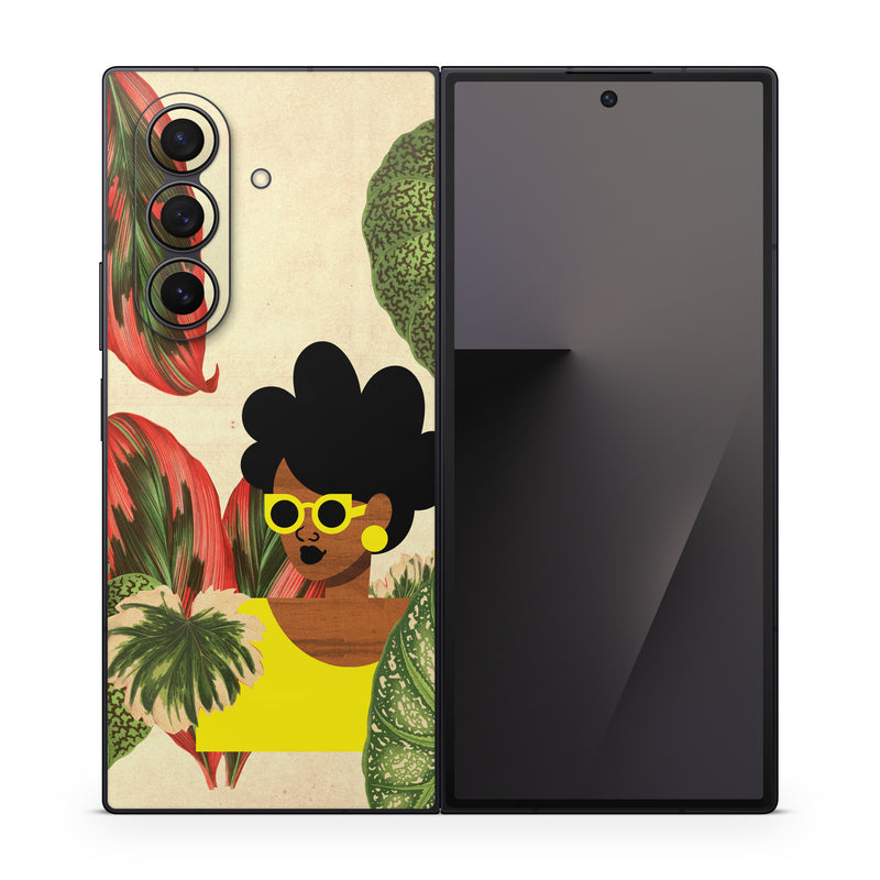 Samsung Galaxy Z Fold7 Skin design of Illustration, Plant, Botany, Organism, Leaf, Art, Animation, Grass, Flower, Perennial plant, with green, black, brown, yellow, red colors