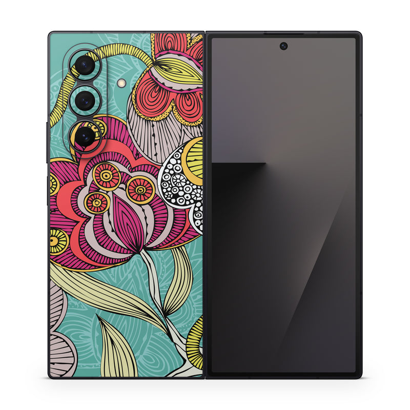 Samsung Galaxy Z Fold7 Skin design of Pattern, Visual arts, Motif, Floral design, Design, Art, Plant, Flower, Organism, Textile, with red, yellow, blue, gray, pink colors