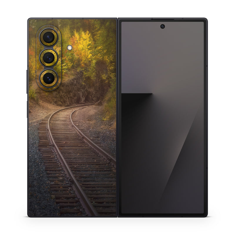 Samsung Galaxy Z Fold7 Skin design of Plant, Wood, Branch, Natural landscape, Road surface, Track, Grass, Tree, Thoroughfare, Twig, with brown, gray, yellow, orange, green, red colors