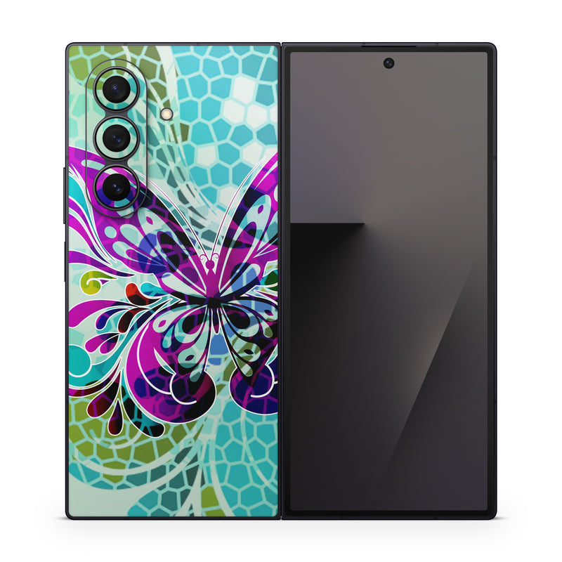 Samsung Galaxy Z Fold7 Skin design of Butterfly, Pattern, Insect, Moths and butterflies, Purple, Graphic design, Design, Pollinator, Visual arts, Magenta, with blue, green, purple colors