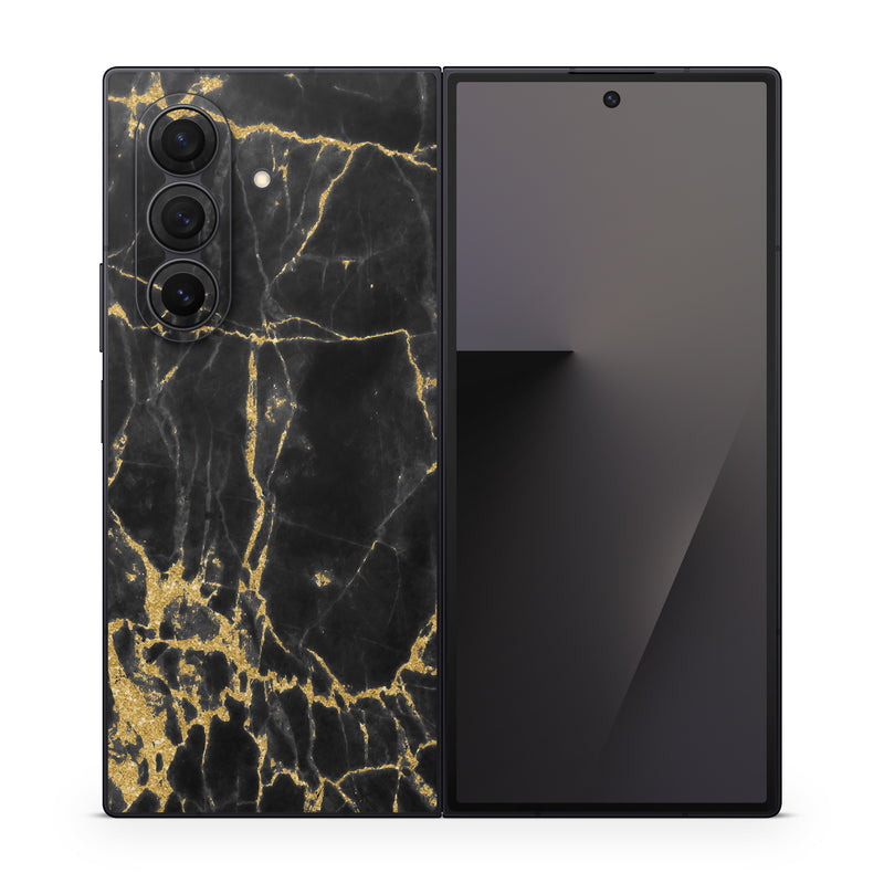 Samsung Galaxy Z Fold7 Skin design of Black, Yellow, Water, Brown, Branch, Leaf, Rock, Tree, Marble, Sky, with black, yellow colors