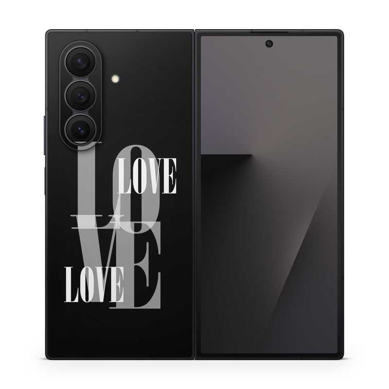 Samsung Galaxy Z Fold7 Skin design of Gesture, Font, Sleeve, Darkness, Logo, Brand, Graphics, Illustration, Terrestrial animal, Art, with black, white, gray colors