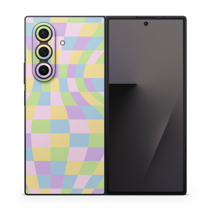 Samsung Galaxy Z Fold7 Skin design of Rectangle, Azure, Textile, Art, Painting, Violet, Pink, Font, Aqua, Material property, with pink, yellow, purple, blue, green colors