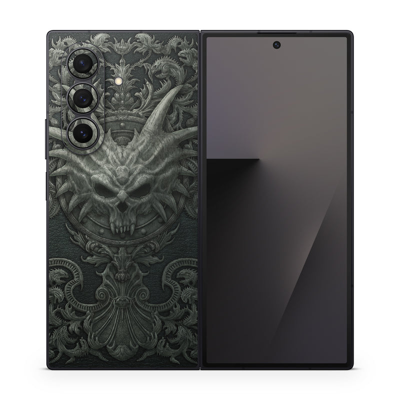 Samsung Galaxy Z Fold7 Skin design of Demon, Dragon, Fictional character, Illustration, Supernatural creature, Drawing, Symmetry, Art, Mythology, Mythical creature, with black, gray colors