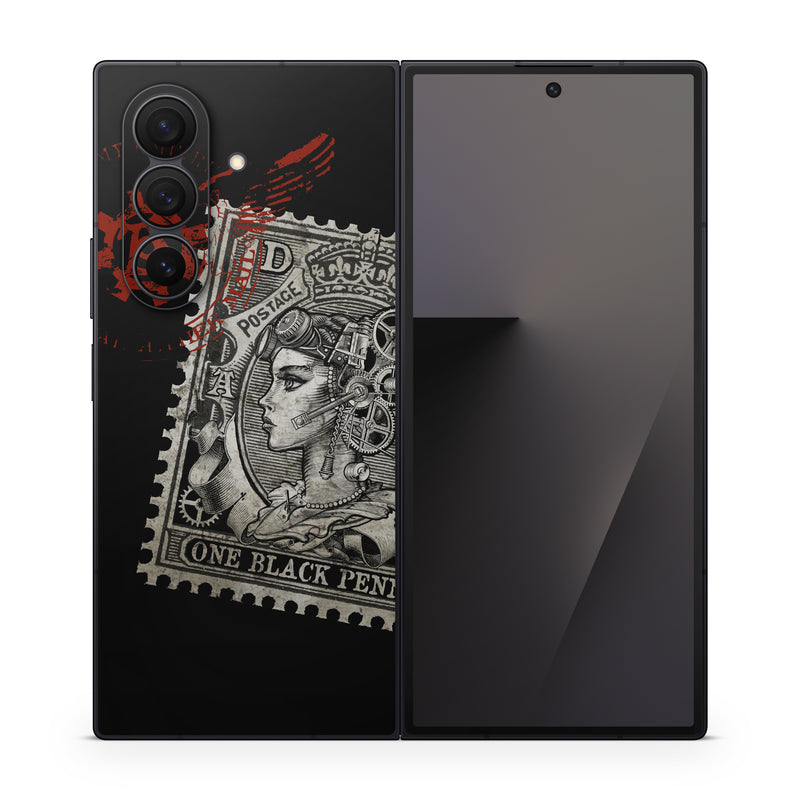 Samsung Galaxy Z Fold7 Skin design of Font, Postage stamp, Illustration, Drawing, Art, with black, gray, red colors