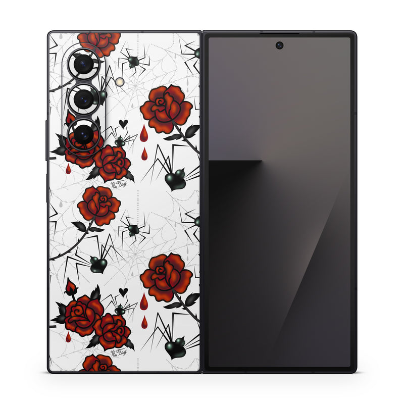 Samsung Galaxy Z Fold7 Skin design of Red, Pattern, Flower, Plant, Design, Floral design, Petal, Coquelicot, Wildflower, Rose, with black, white, red colors