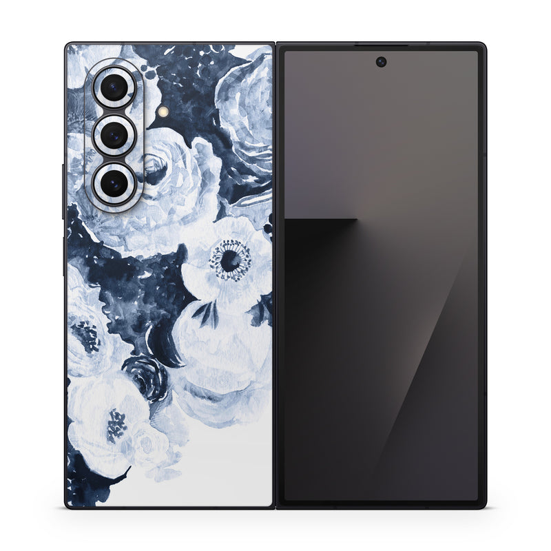 Samsung Galaxy Z Fold7 Skin design of White, Flower, Cut flowers, Garden roses, Plant, Bouquet, Rose, Black-and-white, Rose family, Still life, with white, blue colors