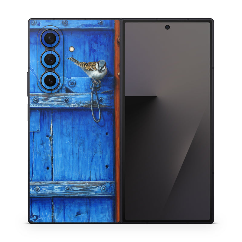 Samsung Galaxy Z Fold7 Skin design of Blue, Wood, Door handle, Door, Wall, Door knocker, Electric blue, Still life photography, Window, Handle, with red, blue, brown colors