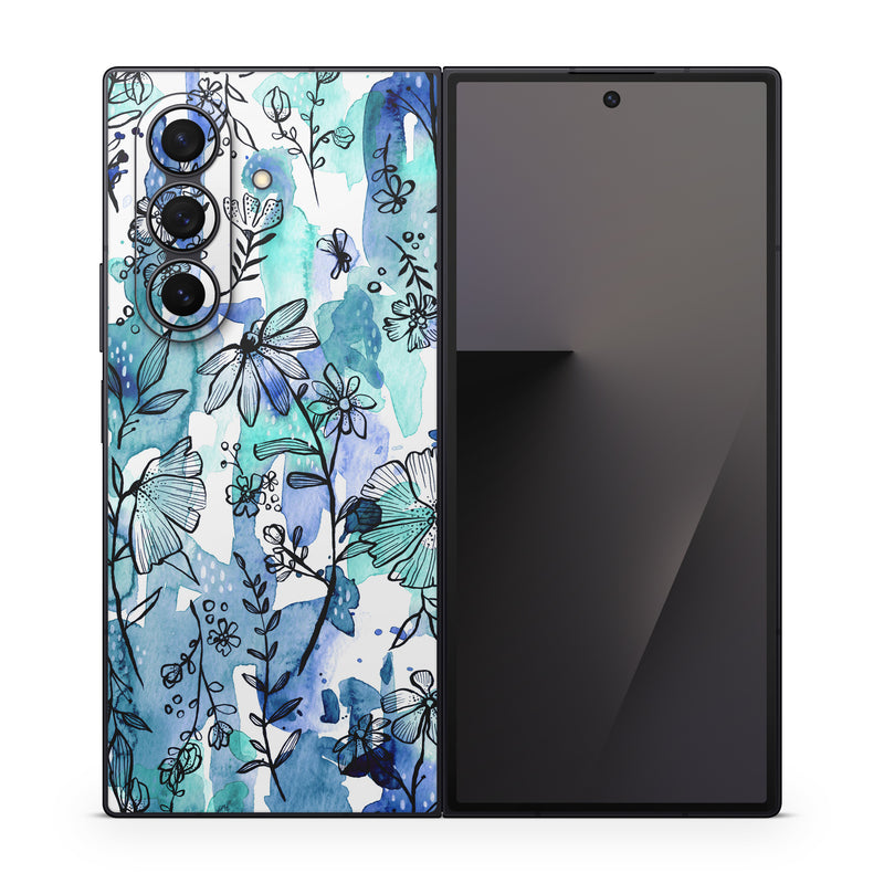 Samsung Galaxy Z Fold7 Skin design of Blue, Pattern, Turquoise, Aqua, Design, Textile, Wildflower, Plant, Wrapping paper, Gift wrapping, with blue, white, black, purple colors