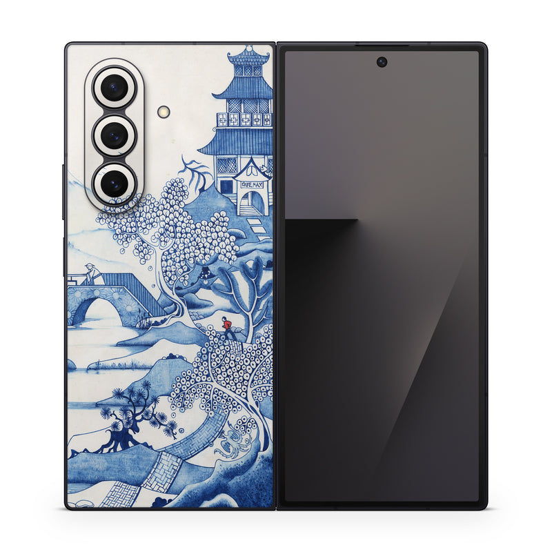Samsung Galaxy Z Fold7 Skin design of Blue, Blue and white porcelain, Winter, Christmas eve, Illustration, Snow, World, Art, with blue, white colors