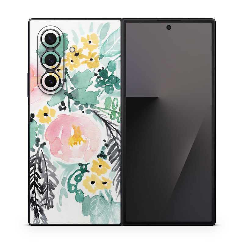 Samsung Galaxy Z Fold7 Skin design of Branch, Clip art, Watercolor paint, Flower, Leaf, Botany, Plant, Illustration, Design, Graphics, with green, pink, red, orange, yellow colors