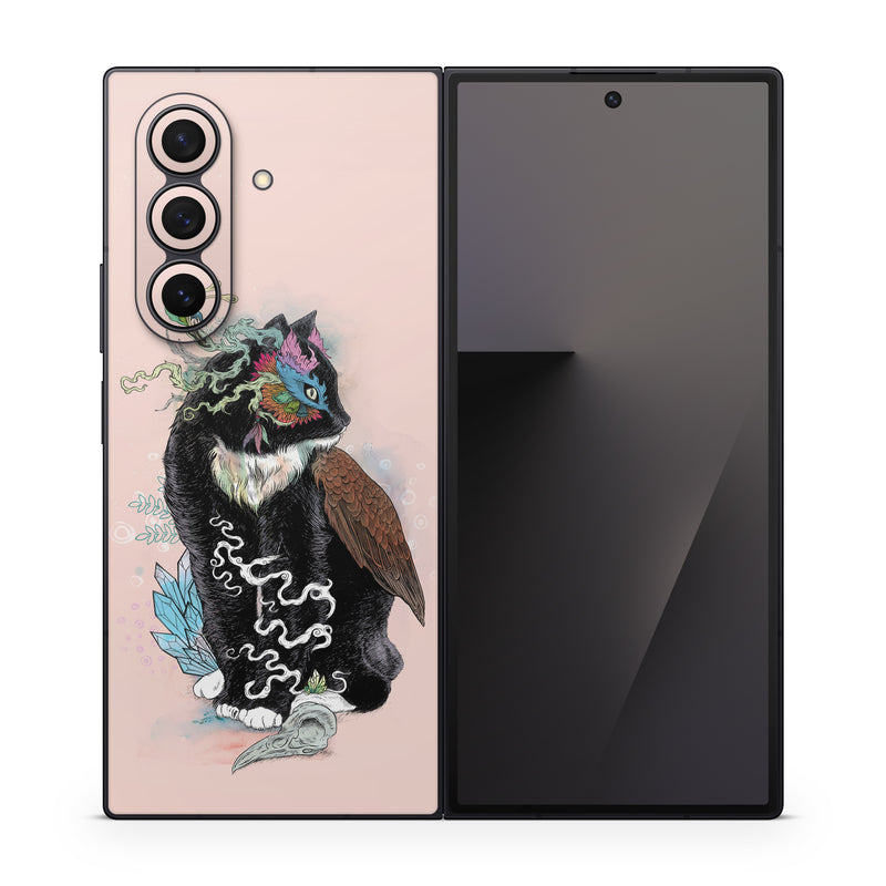 Samsung Galaxy Z Fold7 Skin design of Illustration, Owl, Art, Graphic design, Cat, Tail, with pink, black, brown, red, green colors
