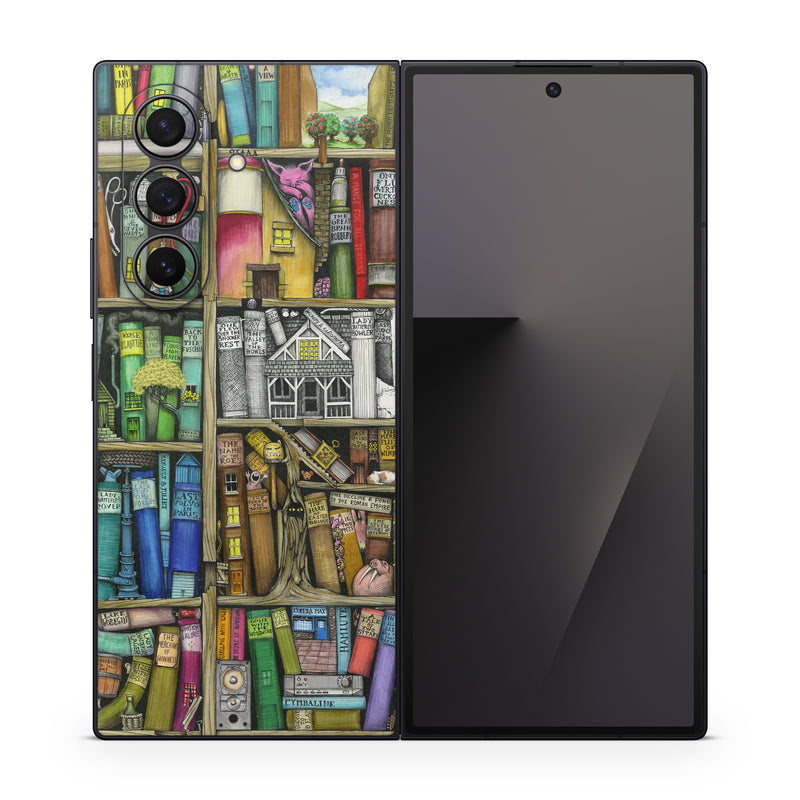 Samsung Galaxy Z Fold7 Skin design of Collection, Art, Visual arts, Bookselling, Shelving, Painting, Building, Shelf, Publication, Modern art, with brown, green, blue, red, pink colors