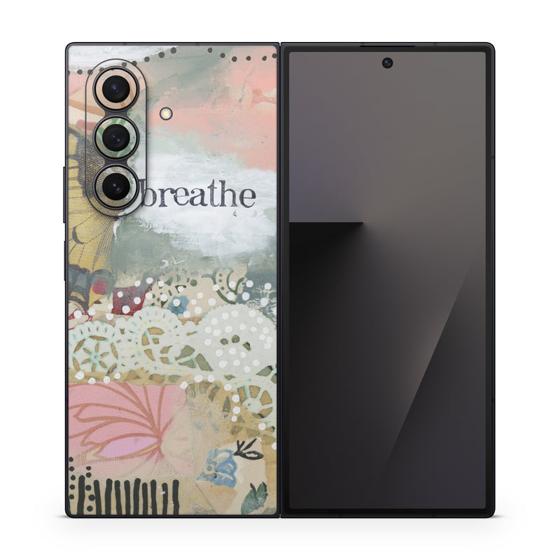 Samsung Galaxy Z Fold7 Skin design of Butterfly, Moths and butterflies, Insect, Pollinator, Organism, Illustration, Brush-footed butterfly, Art, Fictional character, Wildflower, with pink, brown, white, black, red, blue, green colors