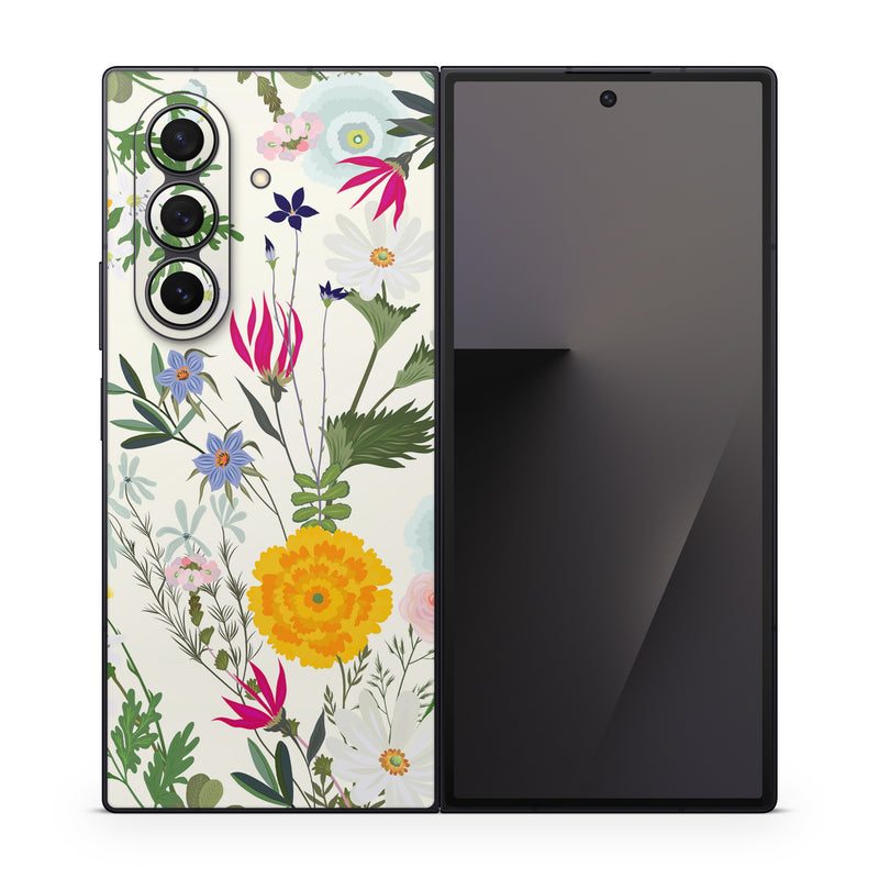 Samsung Galaxy Z Fold7 Skin design of Flower, Wildflower, chamomile, Floral design, Plant, camomile, Botany, Clip art, Cut flowers, Daisy, with white, green, pink, orange, yellow, red colors