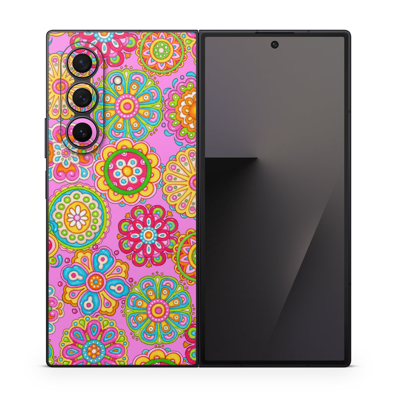 Samsung Galaxy Z Fold7 Skin design of Pattern, Design, Textile, Visual arts, Wrapping paper, Motif, Pedicel, with pink, red, orange, yellow, green, blue, purple colors