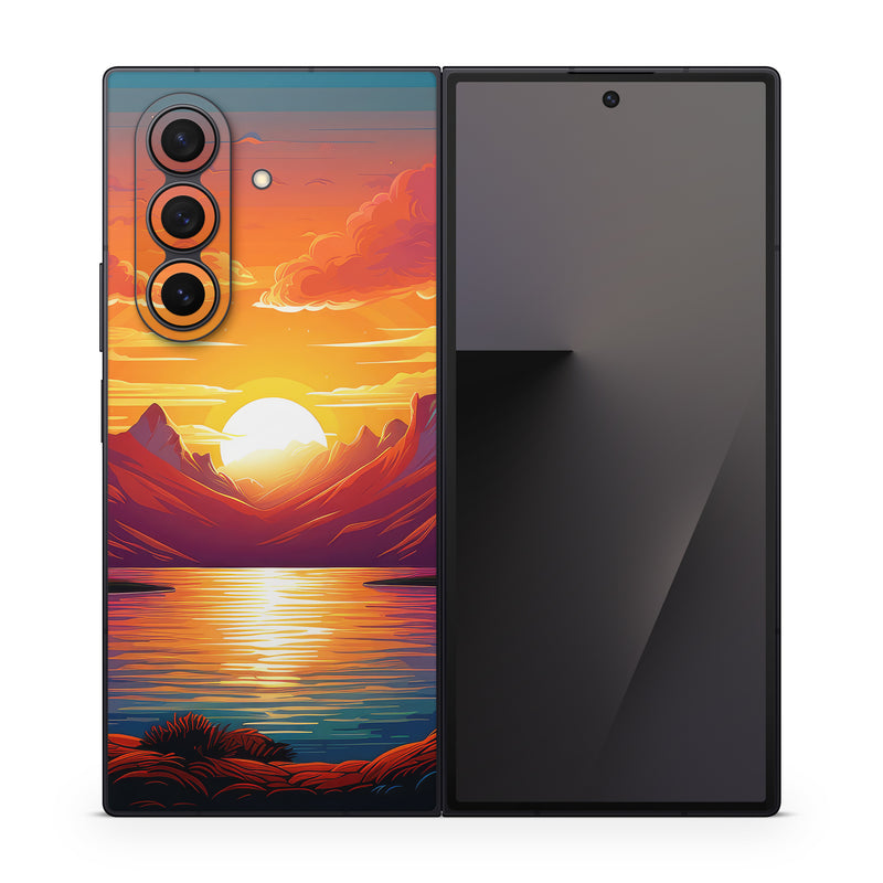 Samsung Galaxy Z Fold7 Skin design of Water, Cloud, Sky, Ecoregion, Afterglow, Light, World, Nature, Natural landscape, Mountain, with red, orange, yellow, blue, purple colors