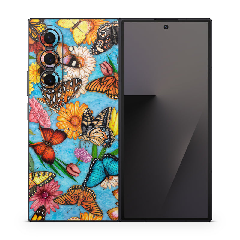 Samsung Galaxy Z Fold7 Skin design of Cynthia (subgenus), Butterfly, Monarch butterfly, Moths and butterflies, Brush-footed butterfly, Pollinator, Insect, Pattern, Design, Organism, with blue, pink, orange, yellow, red colors