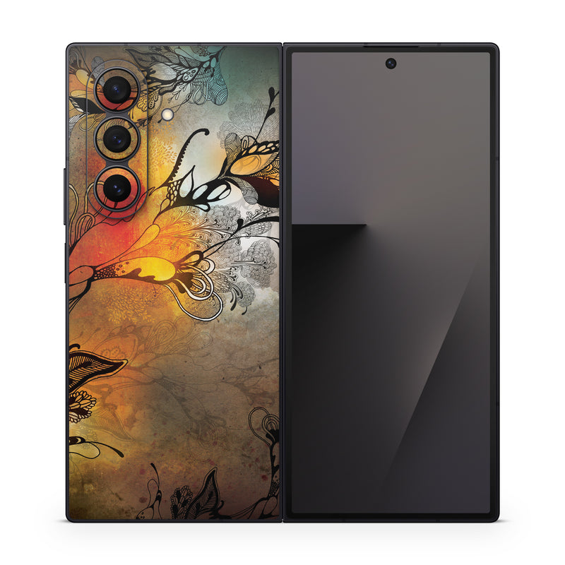 Samsung Galaxy Z Fold7 Skin design of Yellow, Orange, Art, Branch, Leaf, Graphic design, Visual arts, Pattern, Design, Modern art, with black, red, orange, yellow colors